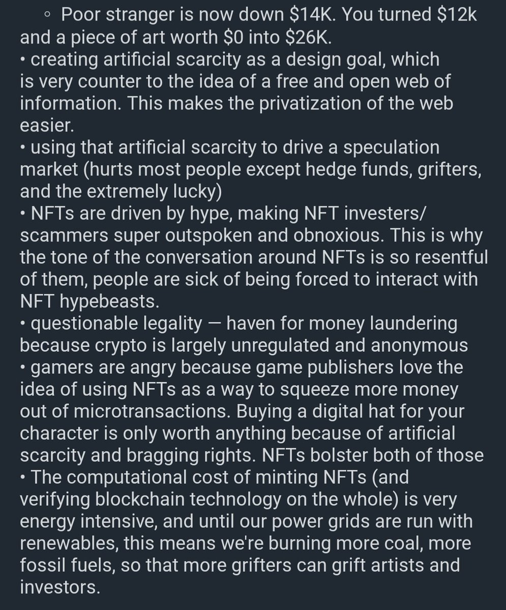 Reposting this wonderful explanation found on reddit that accurately sums up the glaring issues with NFTs from someone who is way smarter than me. 

Question was "what's the reason for all the NFT hate?"