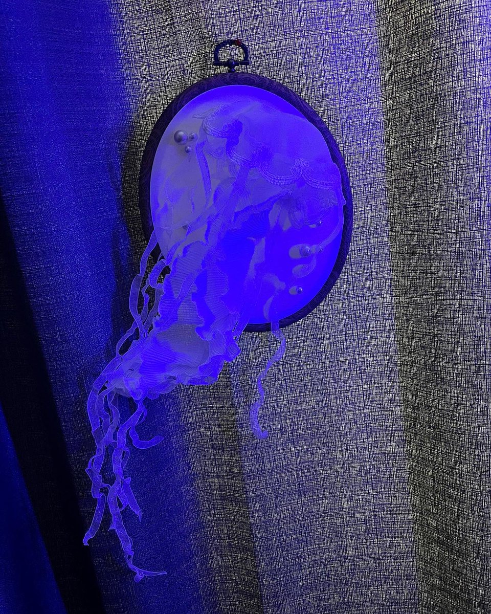 hootadilly's tweet photo. Whipped up this jelly last night! Sort of a test run for a bigger project idea should I get around to doing it. Didn’t turn out so bad! Might try one with a darker background too. #textileart #jellyfish #art #diy #seajelly #fabric https://t.co/LHfJfoMETL
