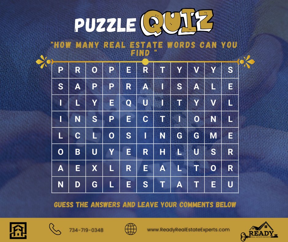 KayReadyRealtor's tweet photo. Puzzle Quiz Time!
Examine for real estate words and leave your answer in the comments section below.
Happy Friday everyone!
#realestateagent #realestate #realtor #michiganrealestate #michiganrealtor #michiganrealtors #readyteam https://t.co/ApYi37ARwF
