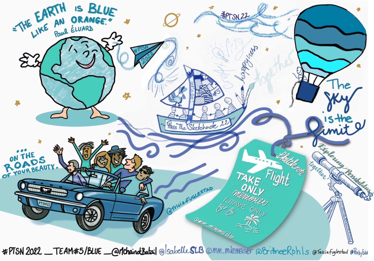 Finishing 🏁up exploring the blue possibilities together. Such a treat watching this develop!
🌎✈️⛴🚙🎈🔭
#PassTheSketchnote #SNDay2022 Team#5 with @Brittneerohls @mm_mikemeister @IsabelleSLB @MChainotBatail @TriciaFuglestad 🙏 @carrie_baughcum @mospillman @PTSketchNote #team5