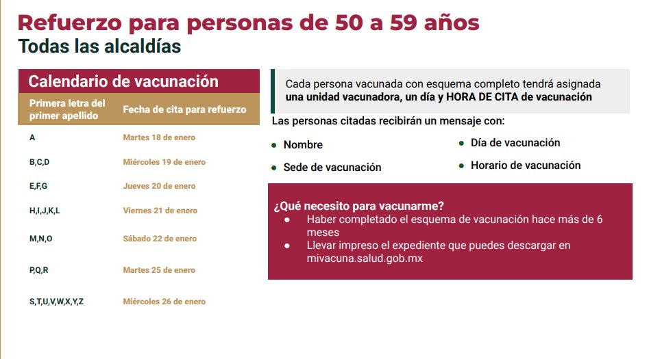 C5_CDMX's tweet photo. ⚠️🗓️ Conoce el calendario y sedes para la siguiente semana, de acuerdo al Plan Nacional de Vacunación para la Ciudad de México.  
Refuerzo para personas de 50 a 59 años TODAS LAS ALCALDÍAS 
Más info. ⬇️👀 https://t.co/CxDAOfU3ES