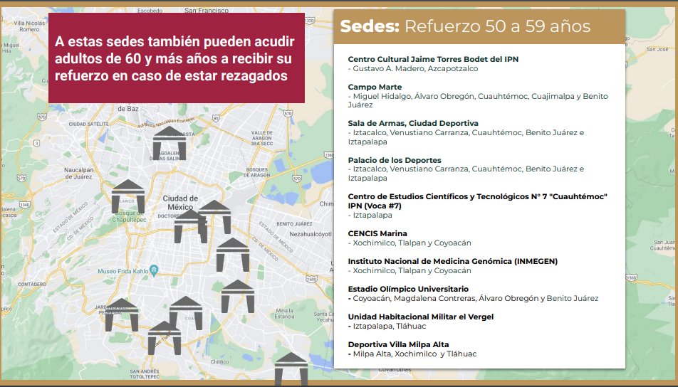 C5_CDMX's tweet photo. ⚠️🗓️ Conoce el calendario y sedes para la siguiente semana, de acuerdo al Plan Nacional de Vacunación para la Ciudad de México.  
Refuerzo para personas de 50 a 59 años TODAS LAS ALCALDÍAS 
Más info. ⬇️👀 https://t.co/CxDAOfU3ES