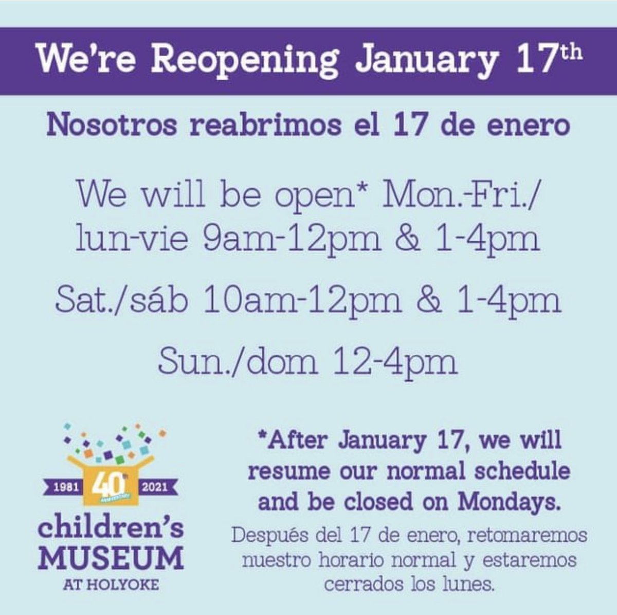 CMHolyoke's tweet photo. We were so excited to be reopening that we forgot to mention we will be resuming our regular schedule after January 17th and continue to be closed on Mondays. We are looking forward to seeing you soon! https://t.co/1uxCD5Uu3E