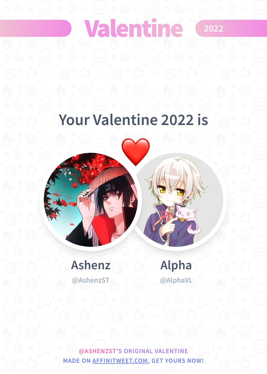 AshenzST's tweet image. ✨ Valentine

This year you're mine AlphaVL! ❤️
And you, whom will be yours?

➡️ affinitweet.com/valentine
