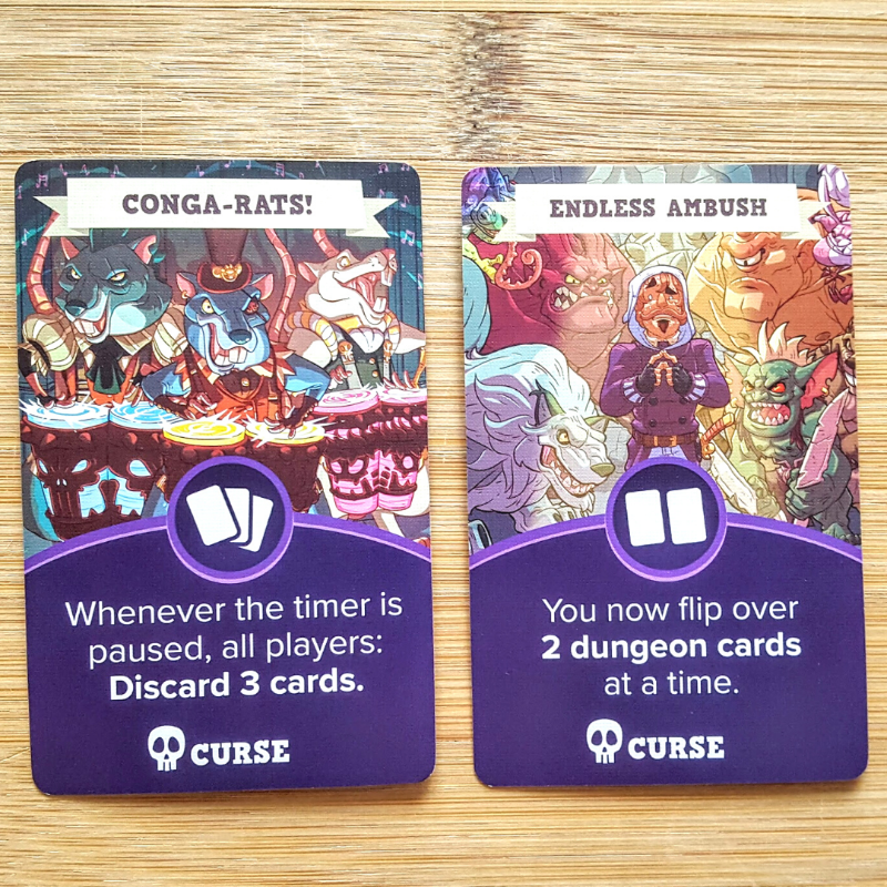 Wiggles3DGames's tweet photo. Which curse from the #5MinuteDungeon expansion #CursesFoiledAgain is worse to come across? You'd burn through cards with Conga-Rats! but TWO dungeon cards at a time could easily overwhelm the party. https://t.co/orNZaQBgbk