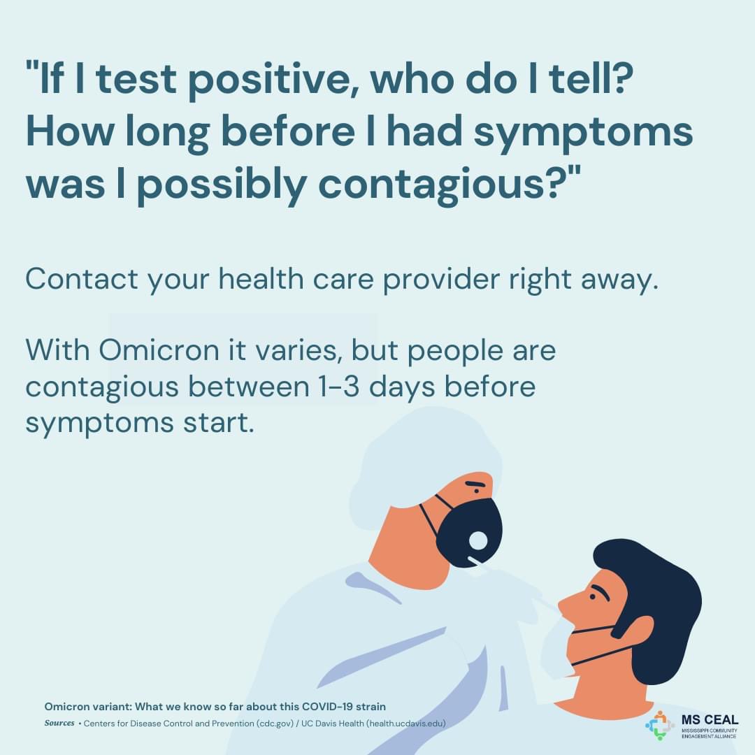 ms_ceal's tweet photo. "If I test positive, who do I tell? How long before I had symptoms was I possibly contagious?"

Contact your health care provider right away. With Omicron it varies, but people are contagious between 1-3 days before symptoms start.
#msceal https://t.co/eOYW6c98es