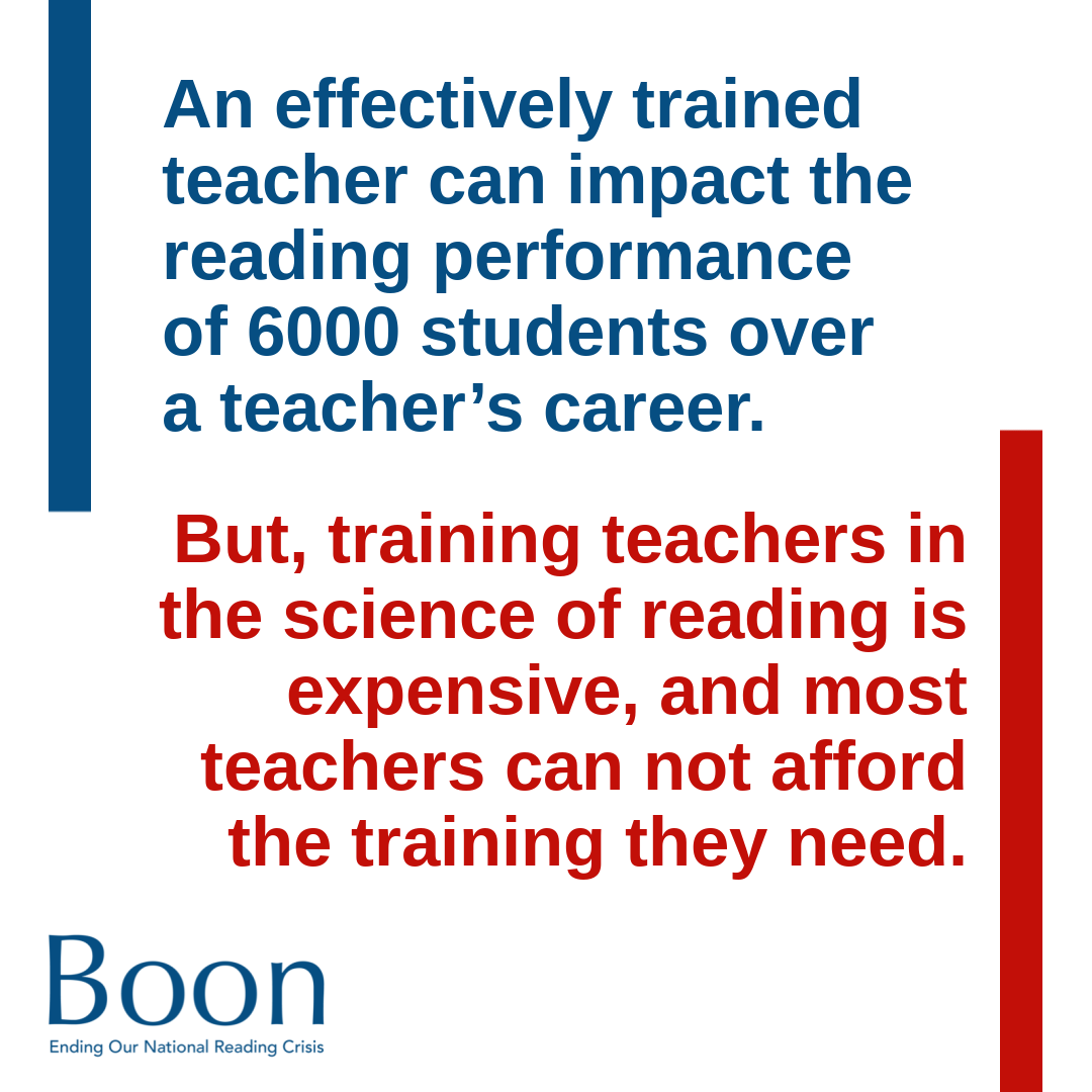 At Boon, we know students require teachers trained in the science of reading and structured language instruction methods to achieve grade level reading skills. Learn about Boon's Training Opportunities and Scholarships by visiting us online at boonphilanthropy.org/solution/