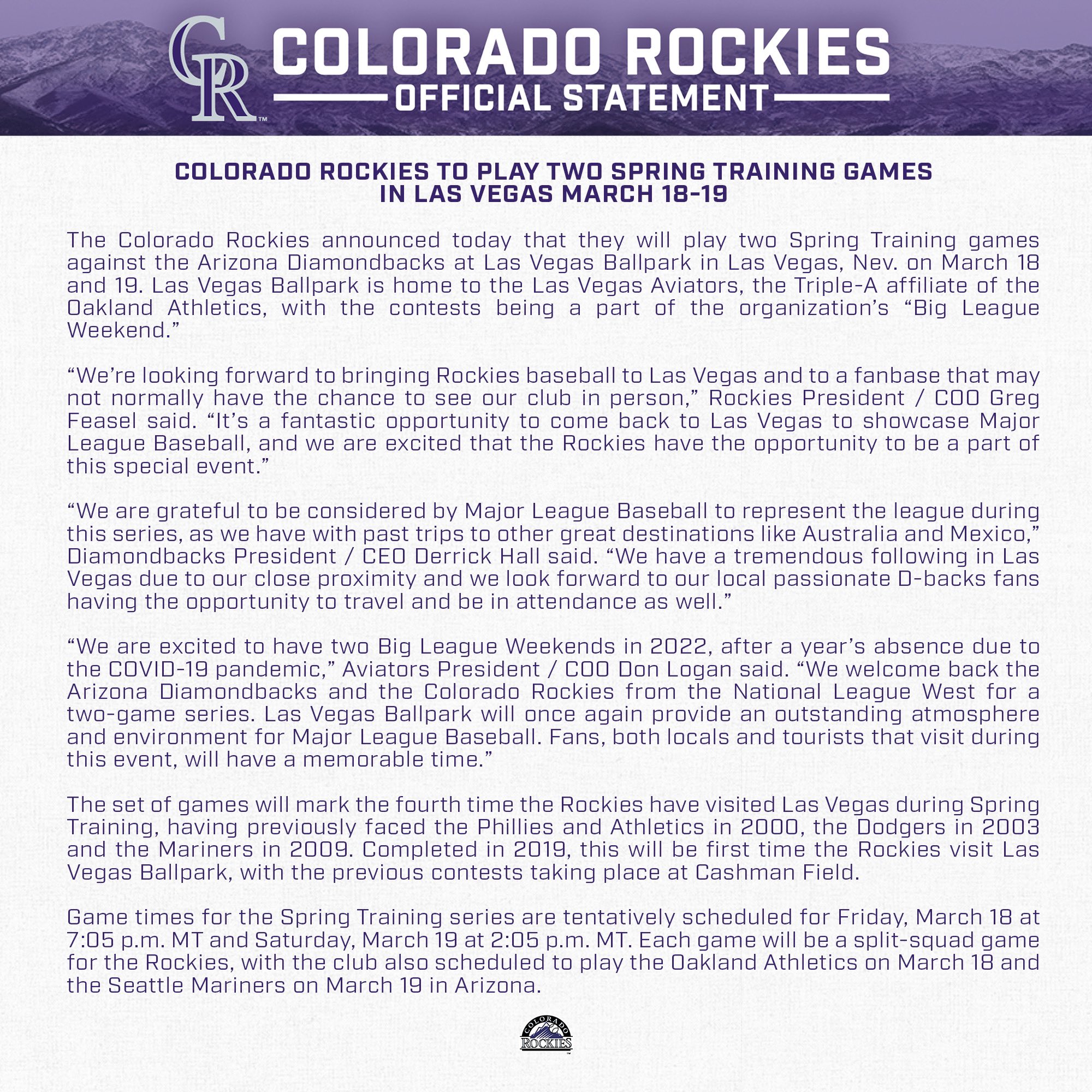 Rockies Club Information в Twitter: „The Colorado Rockies announced today  that they will play two Spring Training games against the Arizona  Diamondbacks at Las Vegas Ballpark in Las Vegas, Nev. on March