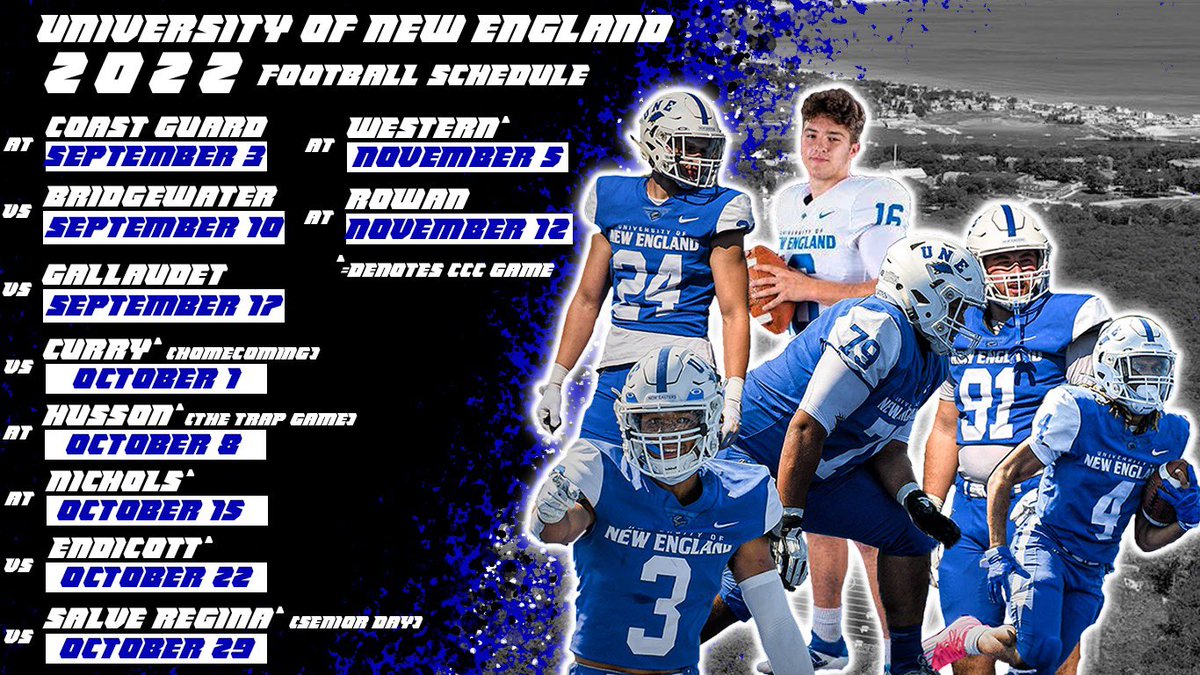 Our 2️⃣0️⃣2️⃣2️⃣@UNEfootball 🌩🏈 Schedule is out! ⚡️⚡️⚡️⚡️ ⚡️5️⃣home games in Biddeford, Maine. ⚡️⚡️⚡️⚡️⚡️5️⃣away games in CT, ME, MA, and NJ. #StormTheGates🌩