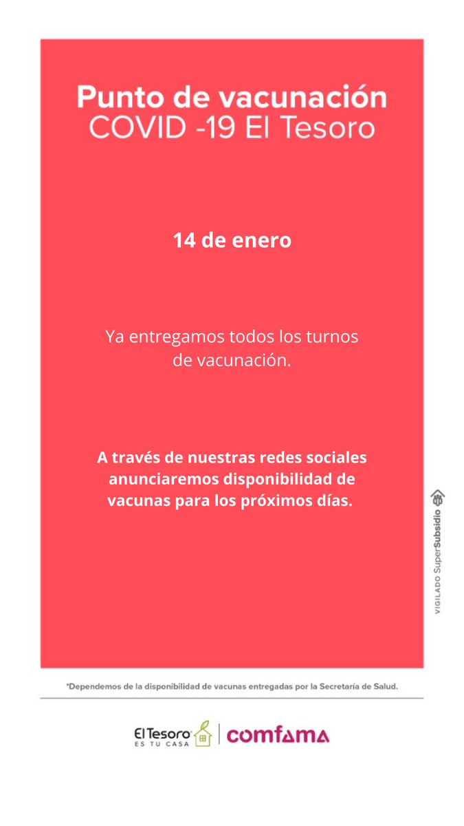 El_Tesoro's tweet photo. ✅Ya entregamos todos los turnos de vacunación de hoy 14 de enero. https://t.co/2pTvcqQYlJ