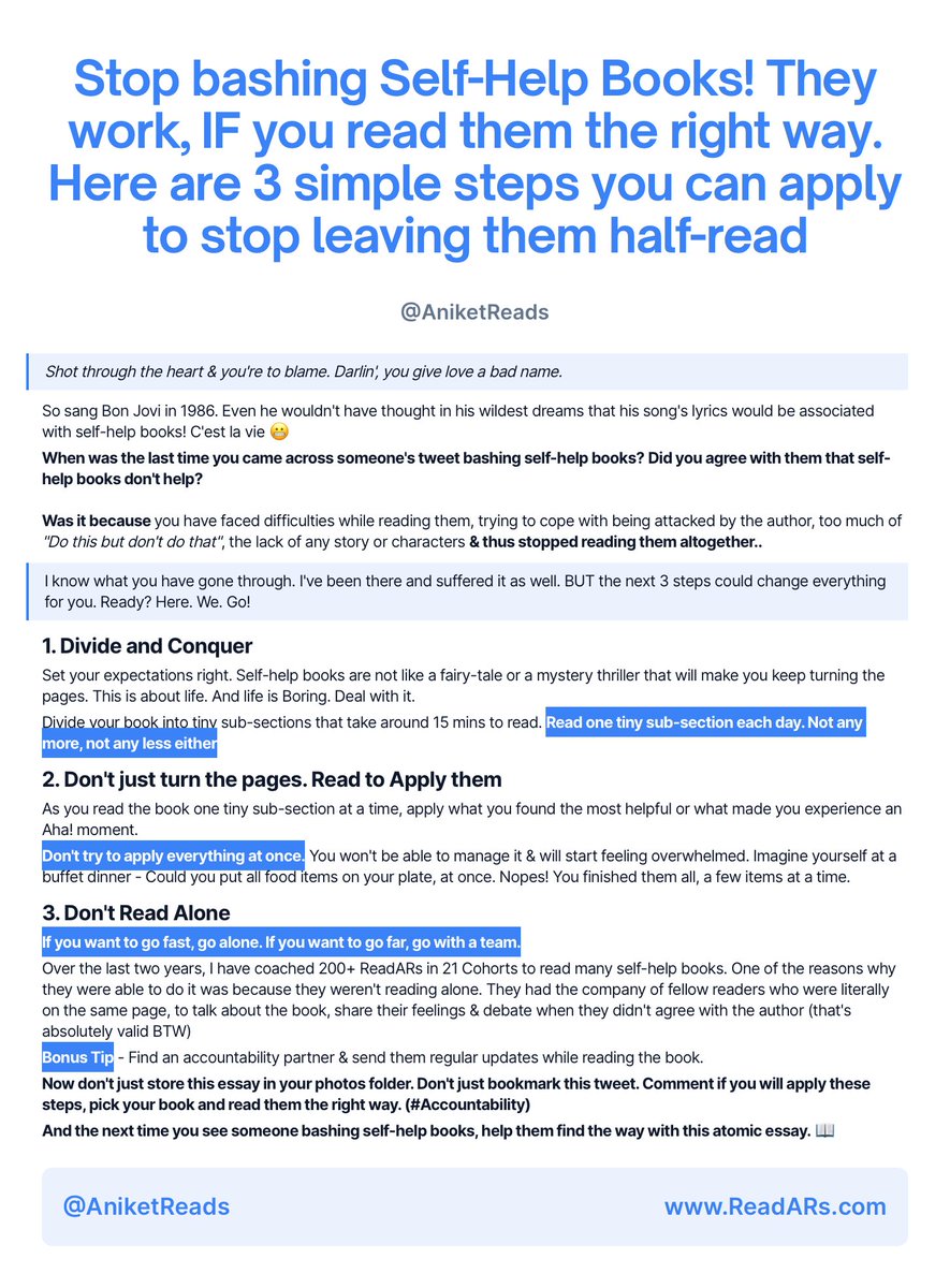 AniketReads's tweet photo. Do you hate or dislike self-help books?
Does the very name makes you feel cringe?

This atomic essay might change your view.

My 7th Atomic Essay for #Ship30for30 where I have applied learnings from an incredible workshop on headlines by Captains @dickiebush @Nicolascole77 https://t.co/EhxeVCfwQI