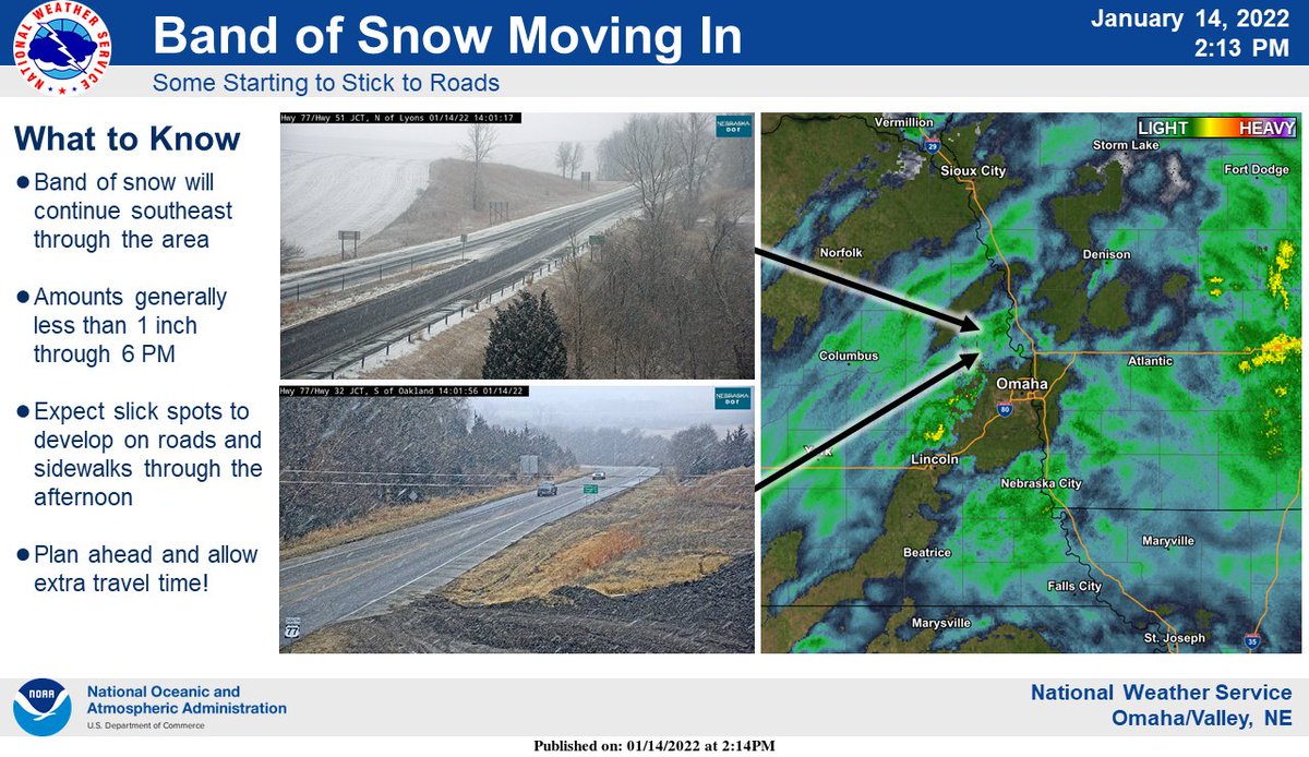NWSOmaha's tweet image. A band of snow will be moving southeast through the area this afternoon. While amounts will generally be less than 1 inch through 6 PM, expect slick spots to develop on roads. Plan ahead and drive with caution!
