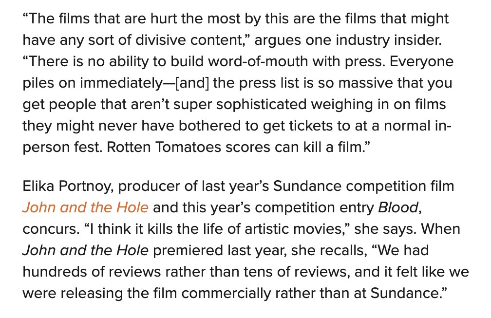 From <a href="/FilmmakerMag/">Filmmaker Magazine</a> piece on Sundance -- 

this is genuinely a big problem! Most films aren't meant to be immediately vulnerable to "takes". I would love to see Sundance/festival/smarter people than me work with sites like Rotten Tomatoes on this as virtual fests become new normal