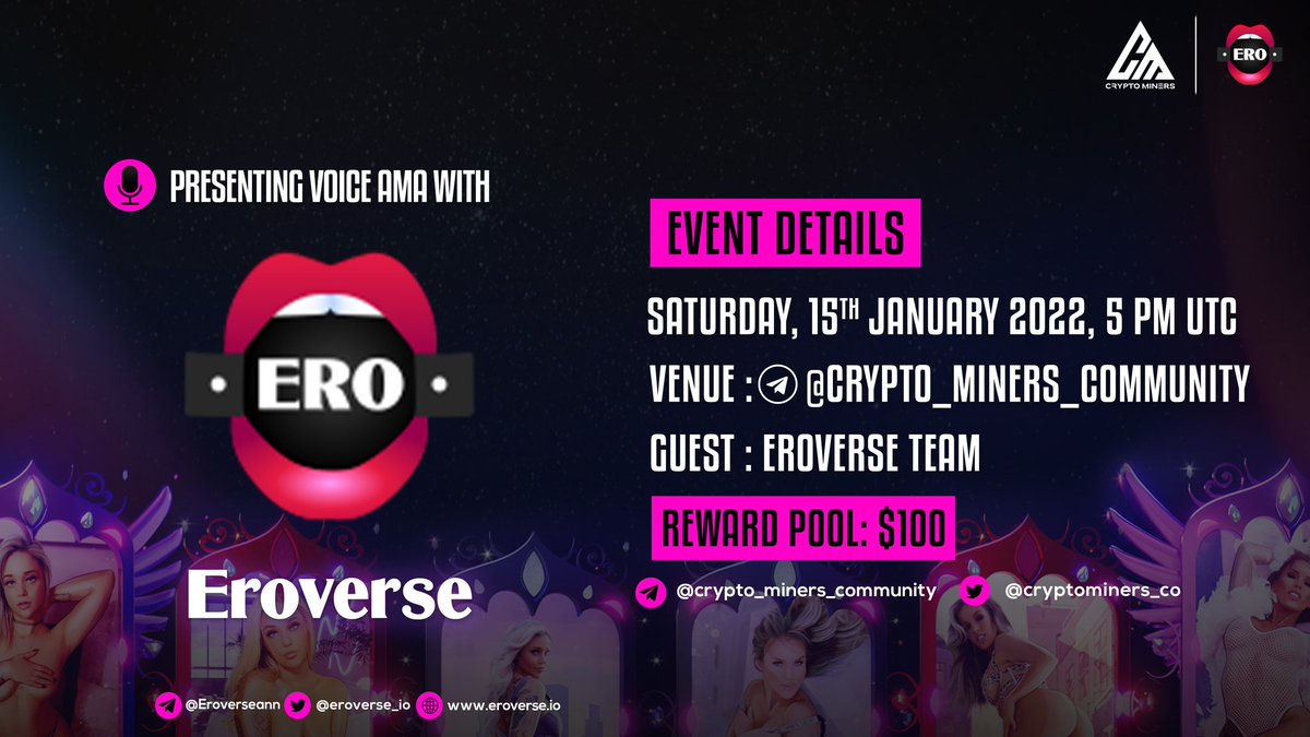 🎙️We're pleased to announce our next Voice #AMA with EROVERSE on 15th January at 5:00 PM UTC

💰Rewards Pool: 100$

🏠Venue: t.me/Crypto_Miners_…

〽️Rules:
1⃣ Follow @Cryptominers_co &amp; @eroverse_io
2⃣ Like &amp; RT
3⃣ Comment Questions &amp; Must Join Voice Chat