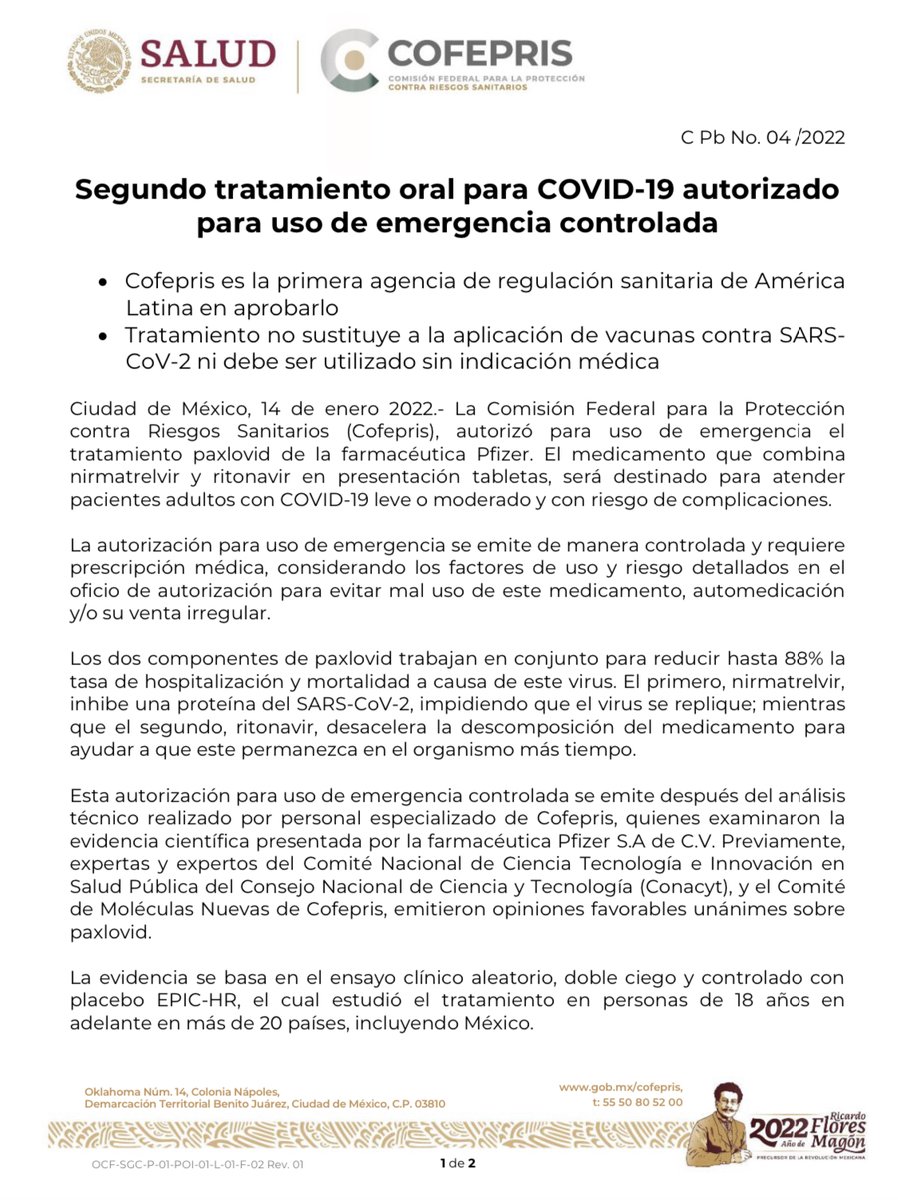 emeequis's tweet photo. #ÚLTIMAHORA🚨COFEPRIS AVALA OTRO FÁRMACO ANTICOVID

@COFEPRIS autoriza el uso de emergencia controlada de la píldora oral #Paxlovid, de la farmacéutica #Pfizer, para atender a pacientes adultos con #COVID19 leve o moderando y riesgo de complicarse

Su uso requerirá receta médica. https://t.co/VhamfBZfLK