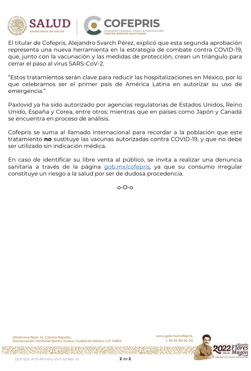 emeequis's tweet photo. #ÚLTIMAHORA🚨COFEPRIS AVALA OTRO FÁRMACO ANTICOVID

@COFEPRIS autoriza el uso de emergencia controlada de la píldora oral #Paxlovid, de la farmacéutica #Pfizer, para atender a pacientes adultos con #COVID19 leve o moderando y riesgo de complicarse

Su uso requerirá receta médica. https://t.co/VhamfBZfLK