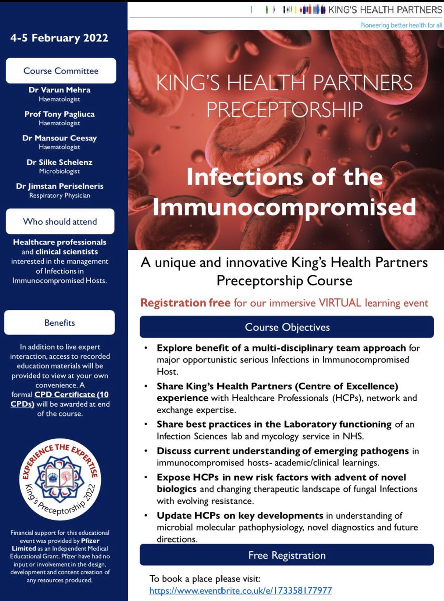 Varun Mehra (@docbmt) on Twitter photo Free to Register now: Exciting 2nd King’s Preceptorship on Infections of the Immunocompromised-4/5th Feb 2022 <a href="/KingsCollegeNHS/">King's College NHS</a>. Share plz <a href="/kingshealth/">King's Health Partners</a>
<a href="/ProfBMT/">Antonio Pagliuca</a> <a href="/drAnand_Shah_/">Anand Shah</a> <a href="/fisher_lab/">Fisher Lab</a> <a href="/thenagliklab/">The Naglik Lab</a> <a href="/MRCcmm/">MRC Centre for Medical Mycology</a> <a href="/TheEBMT/">The EBMT</a> <a href="/BritSocHaem/">BSH - Haematology</a> <a href="/RCPath/">RC of Pathologists</a> <a href="/eurconfmedmycol/">ECMM</a> eventbrite.co.uk/e/173358177977 Free to Register now: Exciting 2nd King’s Preceptorship on Infections of the Immunocompromised-4/5th Feb 2022 <a href="/KingsCollegeNHS/">King's College NHS</a>. Share plz <a href="/kingshealth/">King's Health Partners</a>
<a href="/ProfBMT/">Antonio Pagliuca</a> <a href="/drAnand_Shah_/">Anand Shah</a> <a href="/fisher_lab/">Fisher Lab</a> <a href="/thenagliklab/">The Naglik Lab</a> <a href="/MRCcmm/">MRC Centre for Medical Mycology</a> <a href="/TheEBMT/">The EBMT</a> <a href="/BritSocHaem/">BSH - Haematology</a> <a href="/RCPath/">RC of Pathologists</a> <a href="/eurconfmedmycol/">ECMM</a> eventbrite.co.uk/e/173358177977