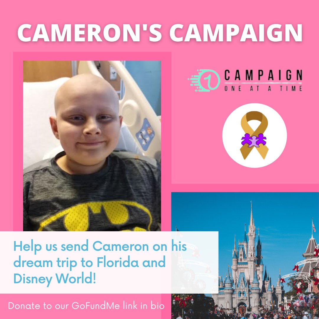 CancerKidsFirst's tweet photo. We’re partnering with Campaign OAAT - East as an extension of our Care Packages Program to raise money for patient Cameron. Our goal is to fundraise $5000 to send him and his family on their dream trip to Disney World. His campaign page is live now at https://t.co/tYoPWXb7k6. https://t.co/ffz3GgTMQM