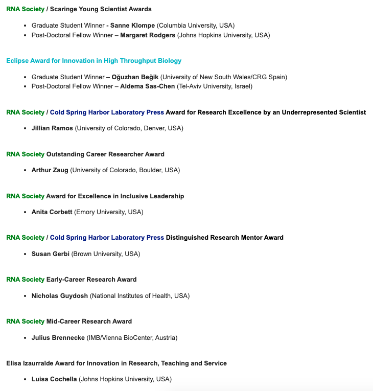Congratulations to all the winners of our annual RNA Society awards!!!!