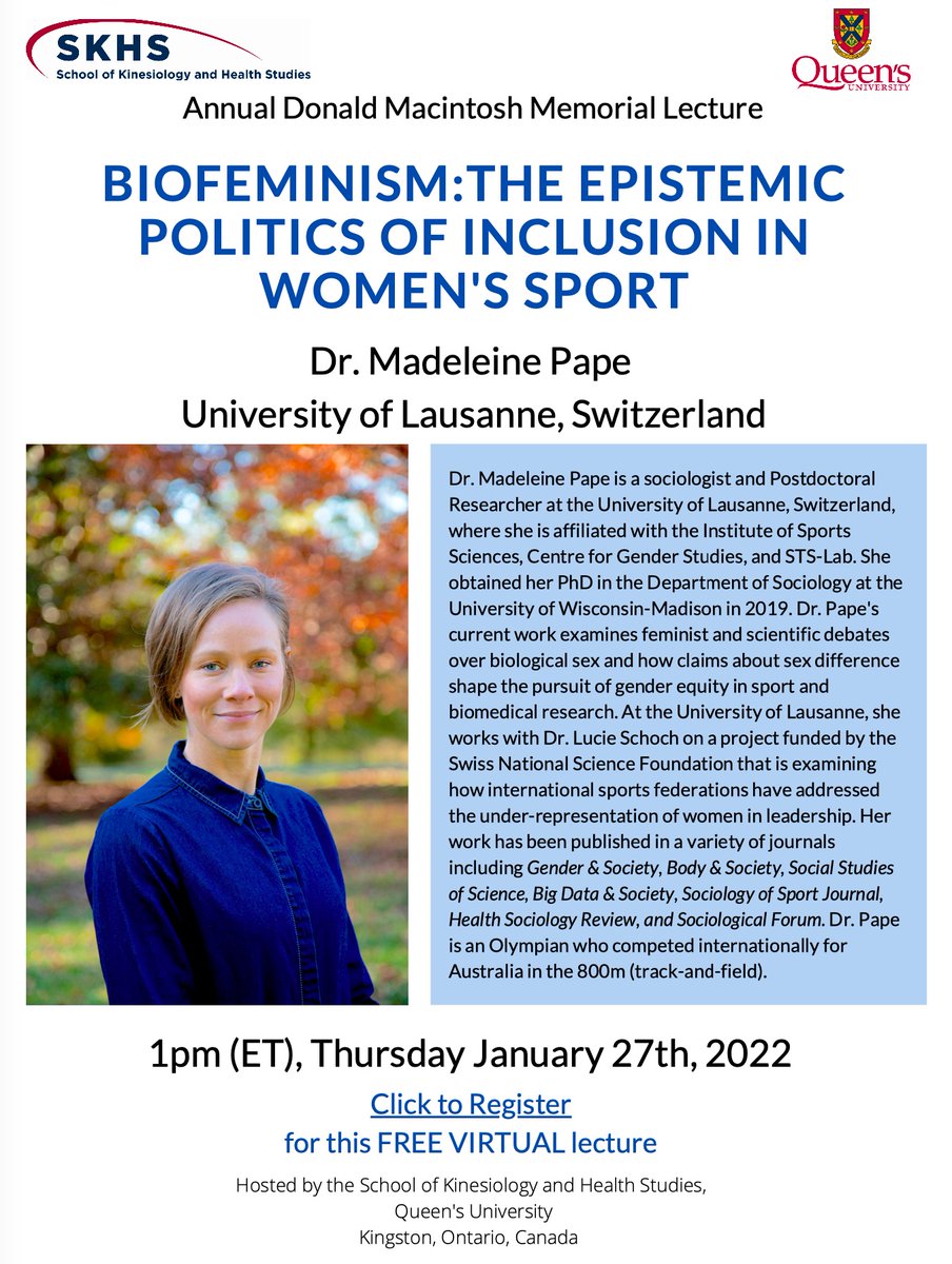 Upcoming Virtual Lecture. All welcome! 
The Annual Donald Macintosh Memorial Lecture is hosting Dr. Madeleine Pape from the University of Lausanne, Switzerland! Jan.27th, 1pm(ET) Register:queensu.zoom.us/meeting/regist… 
<a href="/queensu/">Queen's University</a> <a href="/NASSSport/">NASSS</a> @QueesARC <a href="/QueensSKHS/">SKHS</a>
