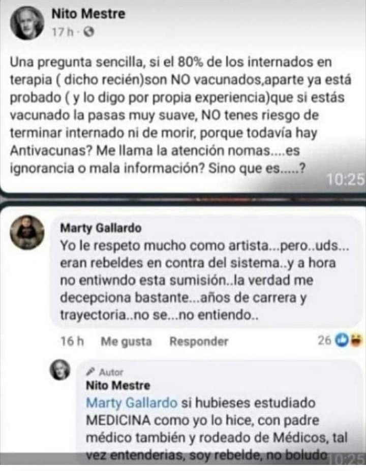 Ferbre1974's tweet photo. "Soy rebelde, no boludo" la tajante respuesta de#NitoMestre a un antivacunas. 👏💪 https://t.co/5dIKksL1FU