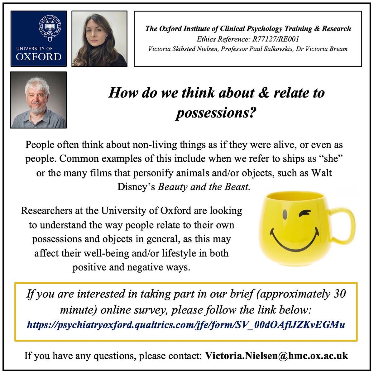 nielsenclinpsy's tweet photo. Please consider taking part in our research #Anthropomorphism #Hoarding #OCD #UniversityofOxford @oxicpt @OxfordMedSci @UniofOxford @psalkovskis https://t.co/szC6muOxd9