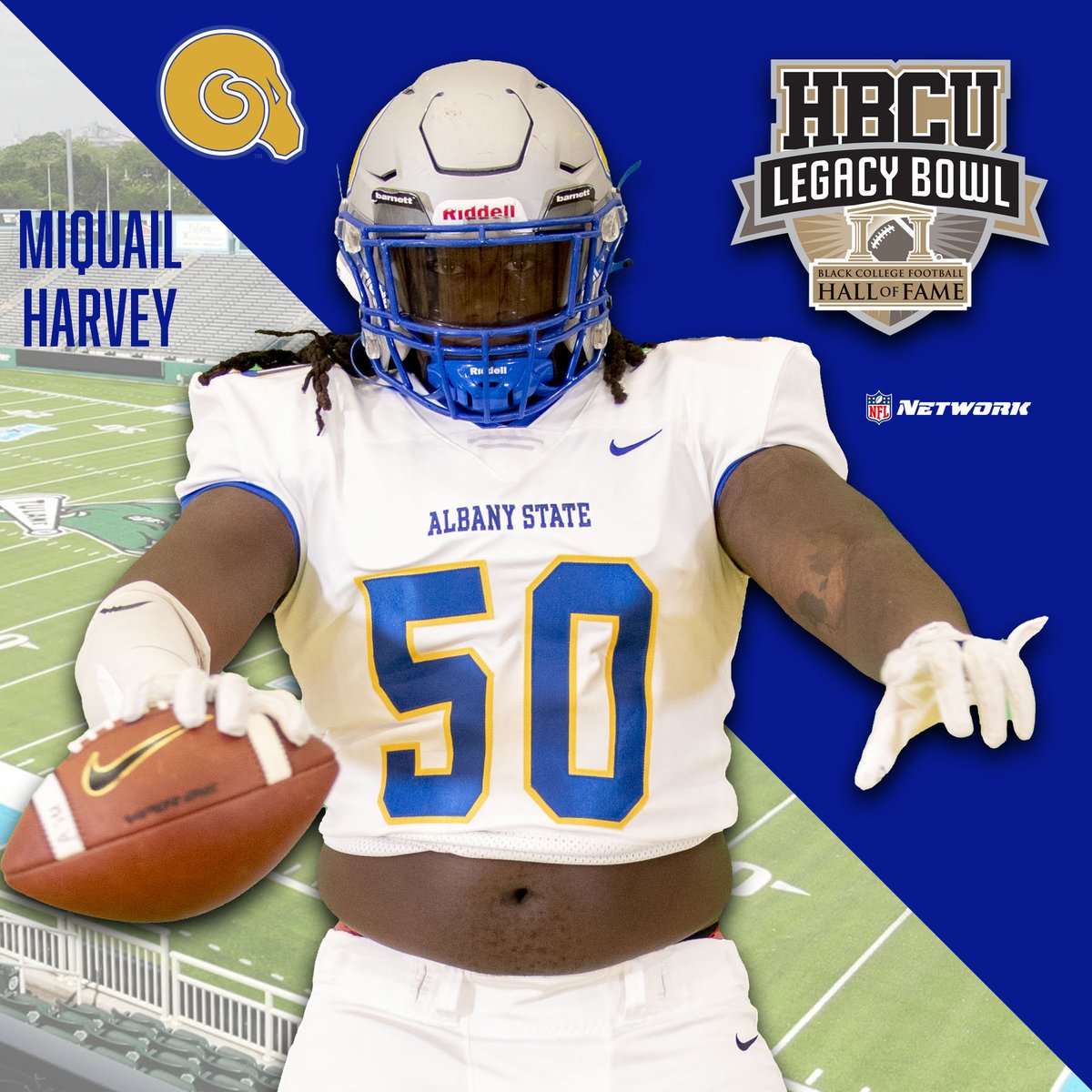 ASUGoldenRams's tweet photo. Congratulations to #MiquailHarvey on accepting an invitation to play in the HBCU Legacy Bowl. @GabeGiardina  @AlbanyStateUniv  @ASUGoldenRamsFB @asucheer_  @ASU_SGA1903  @TheSIAC https://t.co/jO6hcxiHW4