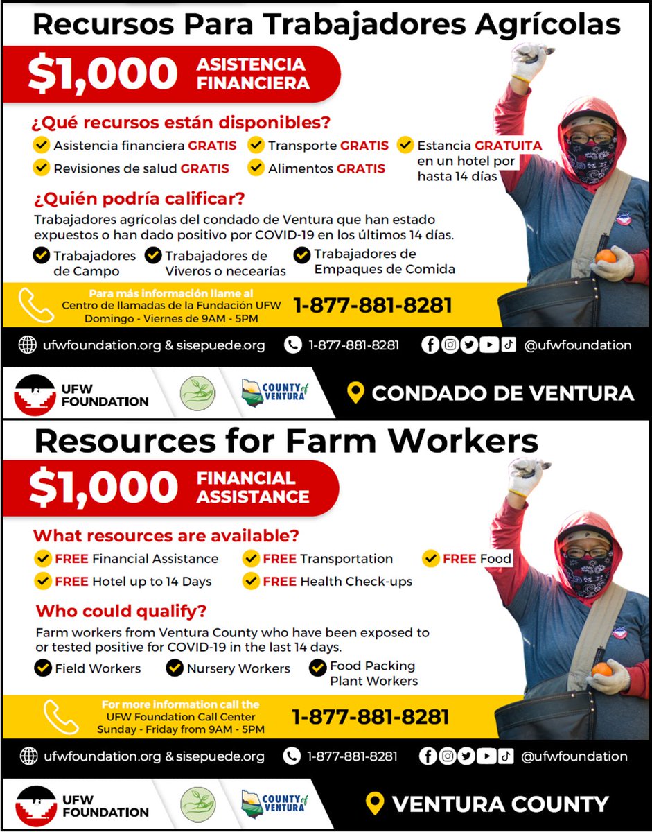 VenturaCOE's tweet photo. Free resources for farmworkers. $1,000 in assistance with transportation, housing, health check-ups and more. Call 877-881-8281. https://t.co/ZBRiRESCuv