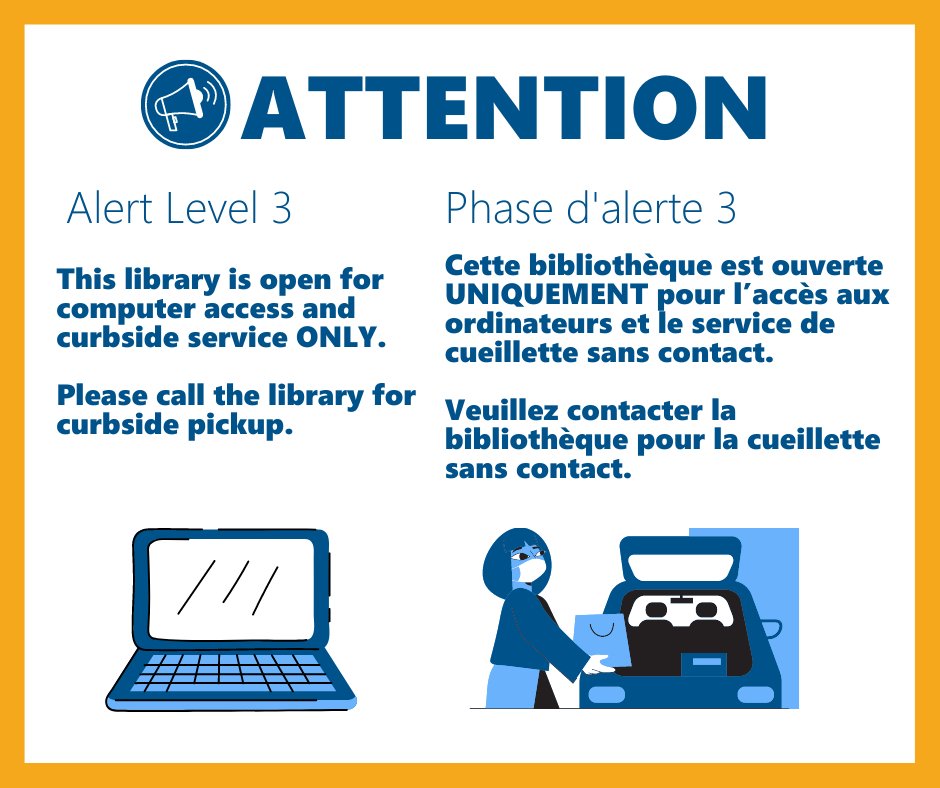 Alert Level 3 is bringing some changes to library services available.  We will continue to answer phone calls during our operational hours (same as usual).  On Tue Jan. 18, we will start to take appointments for curbside pickup.  The book drop remains open at all times.