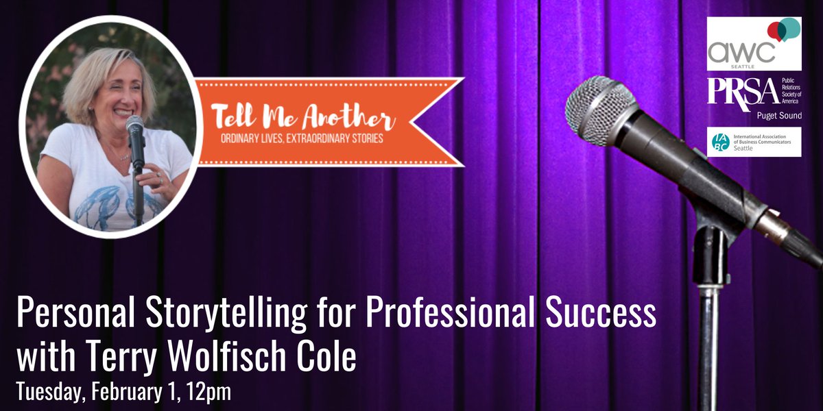 PRSAPugetSound's tweet photo. We hope you will join us for our Feb. 1 event in partnership with @iabcseattle and @AWCSeattle, Introduction to Personal Storytelling with host @tell_me_another. In this two-hour workshop, you'll learn effective personal #storytelling tips and tricks. 

https://t.co/ZFZDArDqyE https://t.co/CIykGfDQL9