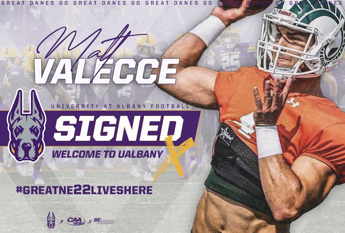 UAlbanyFootball's tweet photo. 🚨New Dane Alert🚨 Welcome to the Purple Fam @mvalech4! #Greatne22LivesHere https://t.co/SLJzkuEZ0a