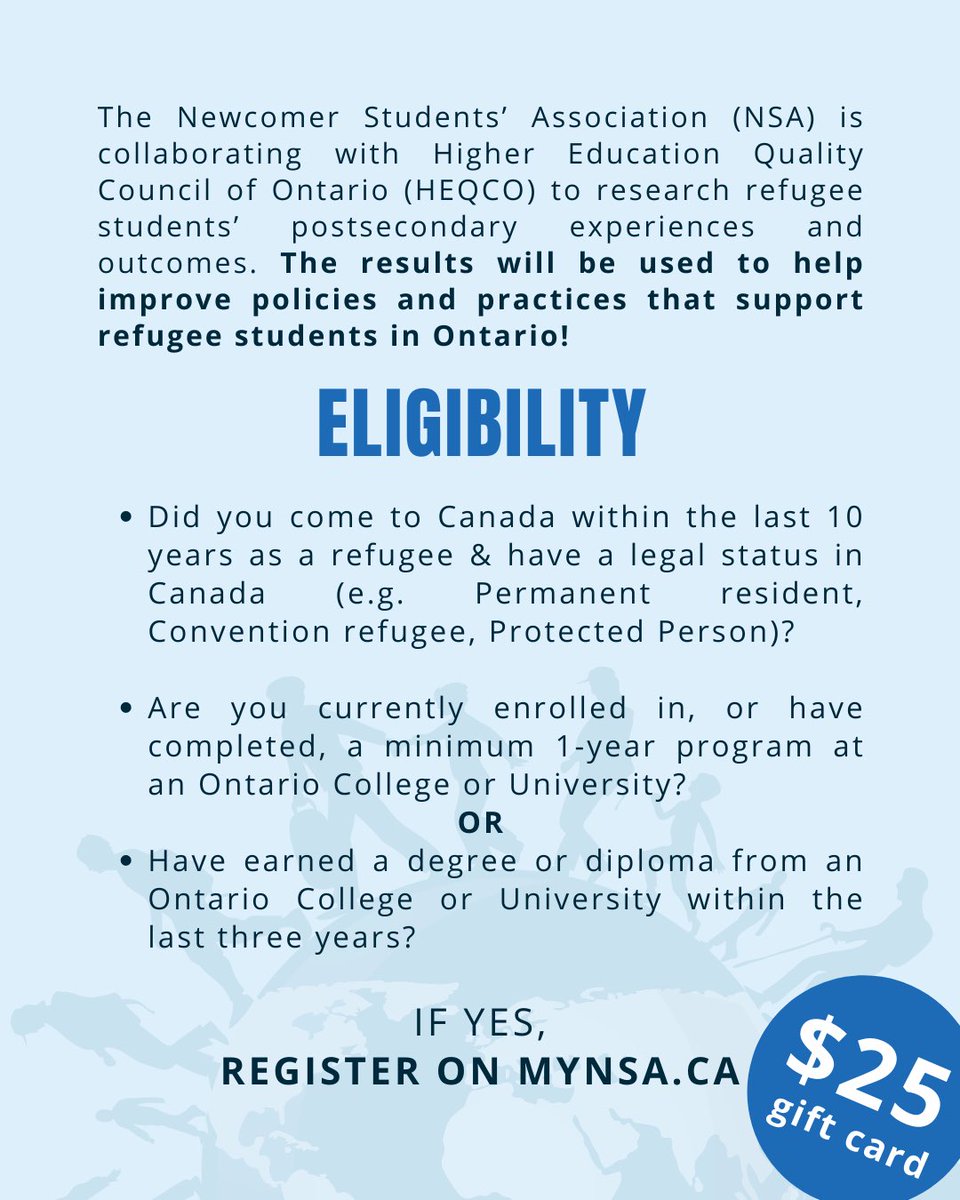 We’ve partnered w/ <a href="/HEQCO/">HEQCO</a> on a research project about refugee students’ postsecondary experiences!

Are you a current refugee student or recent graduate? We want to hear from you!

MORE INFO: bit.ly/3fnRvvV

💰Get a $25 gift card as a token of appreciation for your time