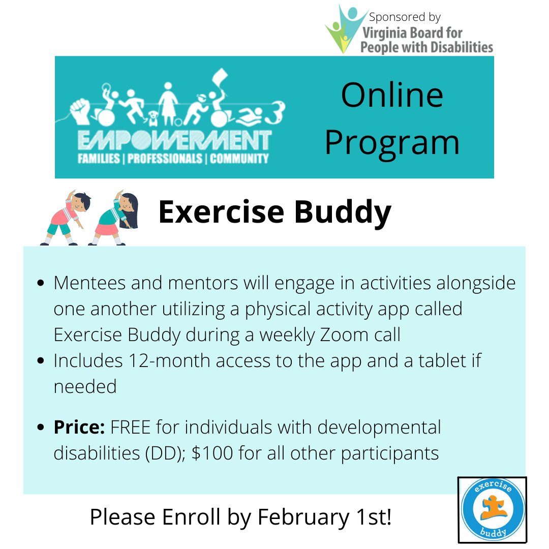 With in-person and at-home options this winter and spring, choose the program that works best for you! 

For more information about Exercise Buddy, visit exercisebuddy.com 

Use this link to sign up! cognitoforms.com/OvercomingBarr…