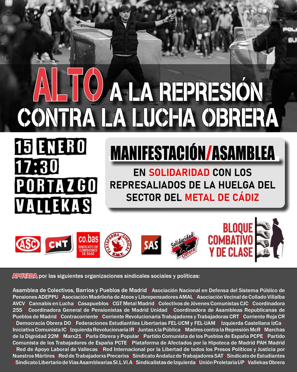 ¡BASTA DE REPRESIÓN!

‼️ MAÑANA nos manifestamos en solidaridad con los represaliados de la huelga del metal de Cádiz. 

📆Sábado 15 de enero

🕒17:30h

📍Portazgo