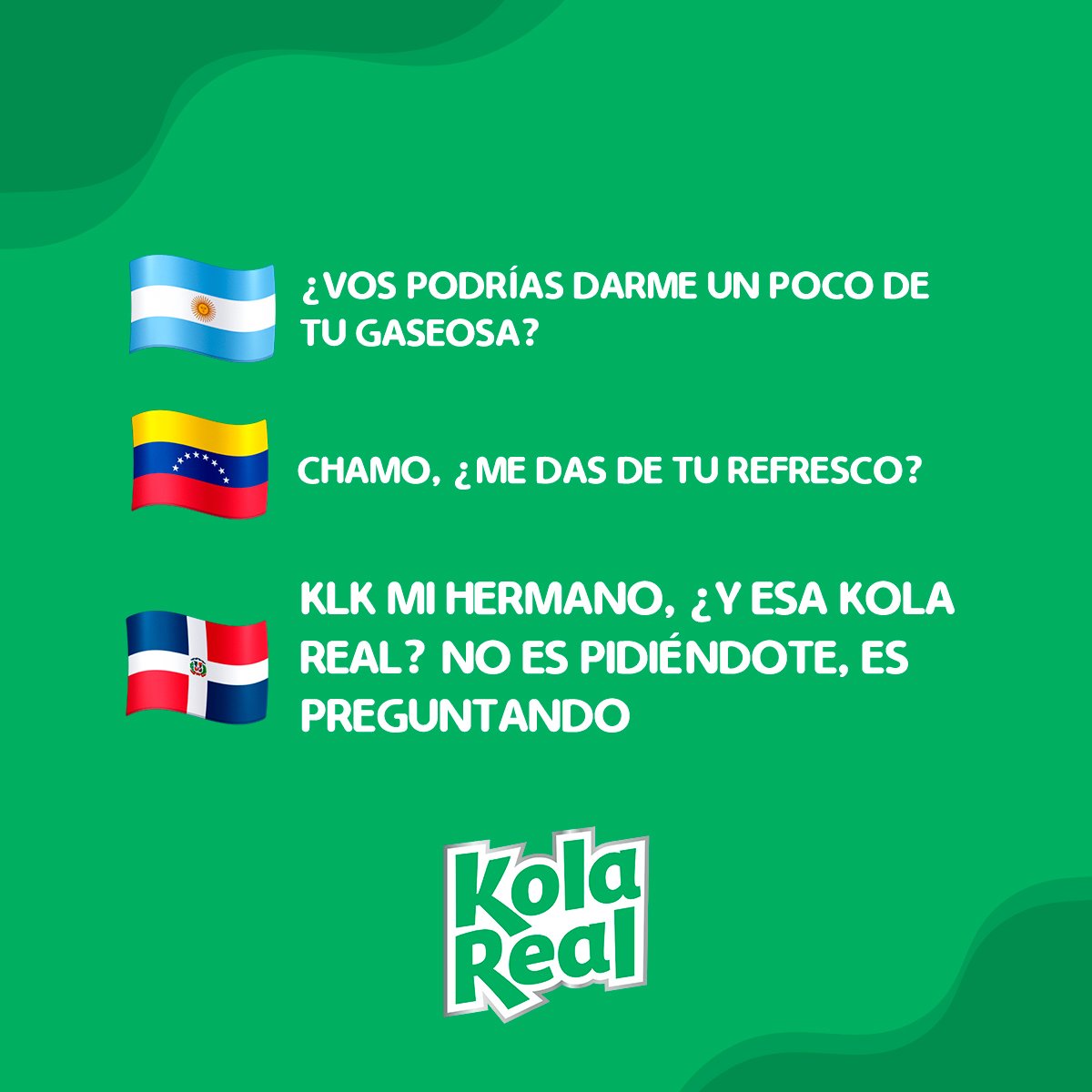 KolaRealDO's tweet photo. El dominicano nunca pide, él siempre te tira un ganchito a ver si lo agarras 😆💚 ​

#KolaReal #SomosÚnicosKR https://t.co/xJyXXUyIbh