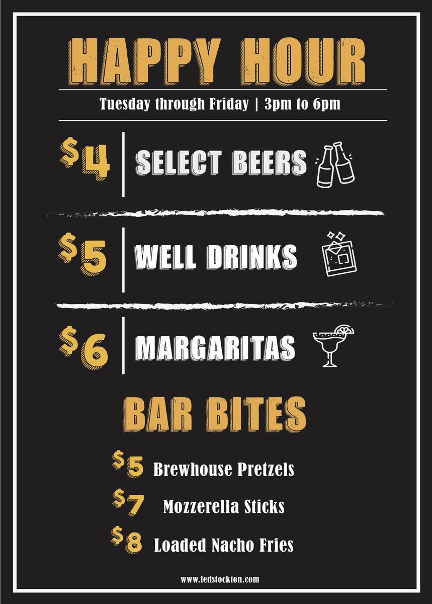 FEDStockton's tweet photo. Now introducing Happy Hour at FED! 🦅Tuesdays through Fridays from 3pm-6pm. Stop by and enjoy a $6 margarita and some bar bites 🍹 we are located on 116 N Hunter St in downtown Stockton 📍 https://t.co/iLKBPgvsvc