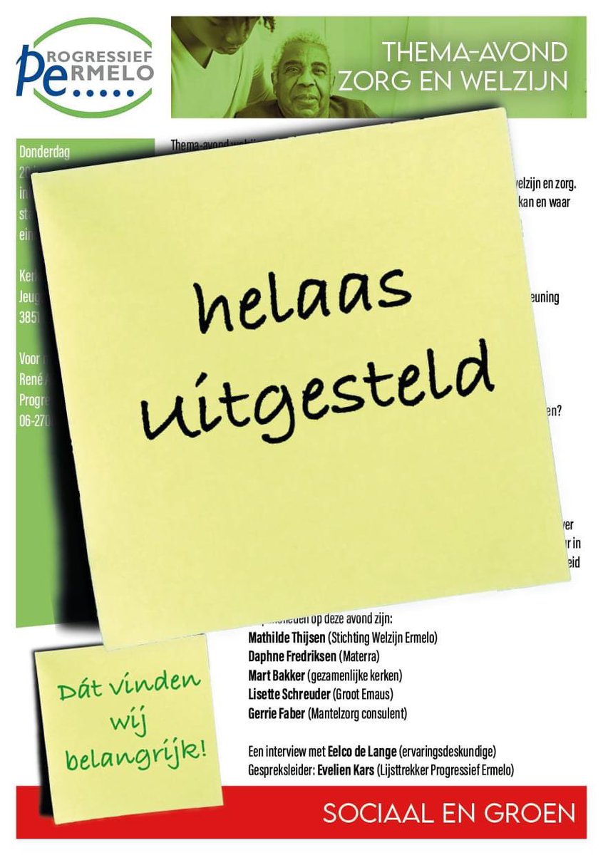 progressiefe's tweet photo. Helaas is de door Progressief Ermelo georganiseerde thema-avond "zorg en welzijn", van donderdag 20 januari, vanwege de nog steeds geldende coronaregels uitgesteld.
Erg jammer, maar wij hopen deze avond alsnog zo snel mogelijk te realiseren. #persconferentie #ProgressiefErmelo https://t.co/yHwu4kPlJh