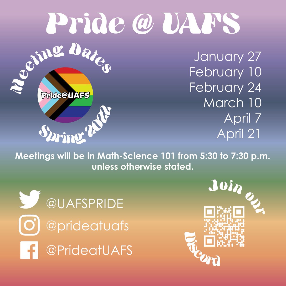 UAFSPRIDE's tweet photo. 📢 Meeting Dates for Spring 2022!
Meetings will be in Math-Science 101 from 5:30-7:30 p.m. unless otherwise stated. This means if campus is closed meetings will be VIRTUAL. Follow all social media and join the Discord to be current on this! https://t.co/wjrsCCRtX7