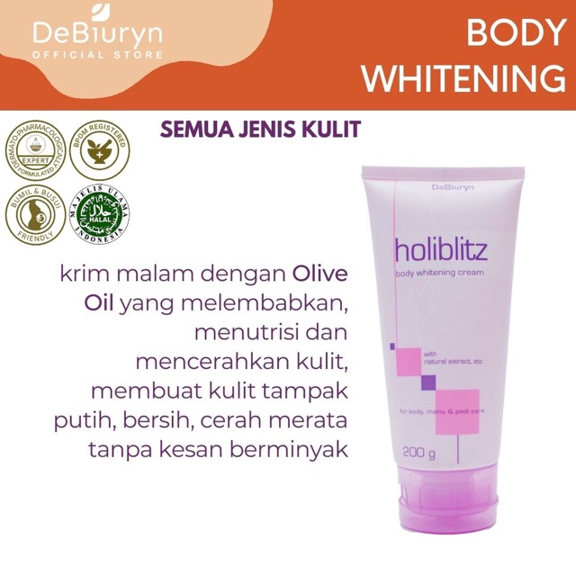 Cek DeBiuryn Holiblitz Body Whitening Night Cream 200gr - Krim Malam dengan harga Rp119.200. Dapatkan di Shopee sekarang! shp.ee/43g63i9