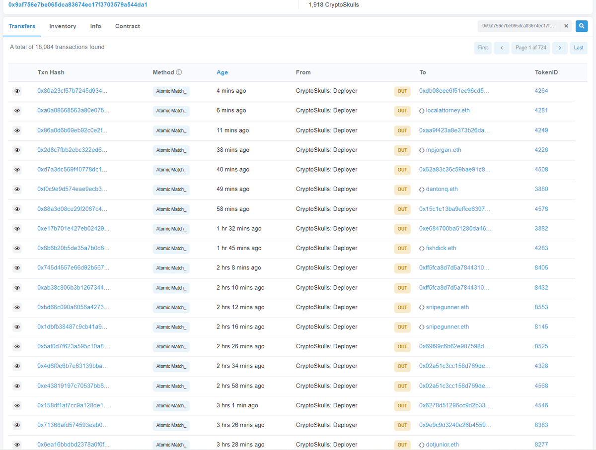 0xAllen_'s tweet photo. The @Crypto_Skulls dev held 7K skulls in his wallet and was pricing them manually a year ago. Dev currently has ~1900 of them still and has been dumping them. Team of people in a Spaces making verified false historic claims on top. This entire setup is wild and cringe. https://t.co/px6IcBPF4d