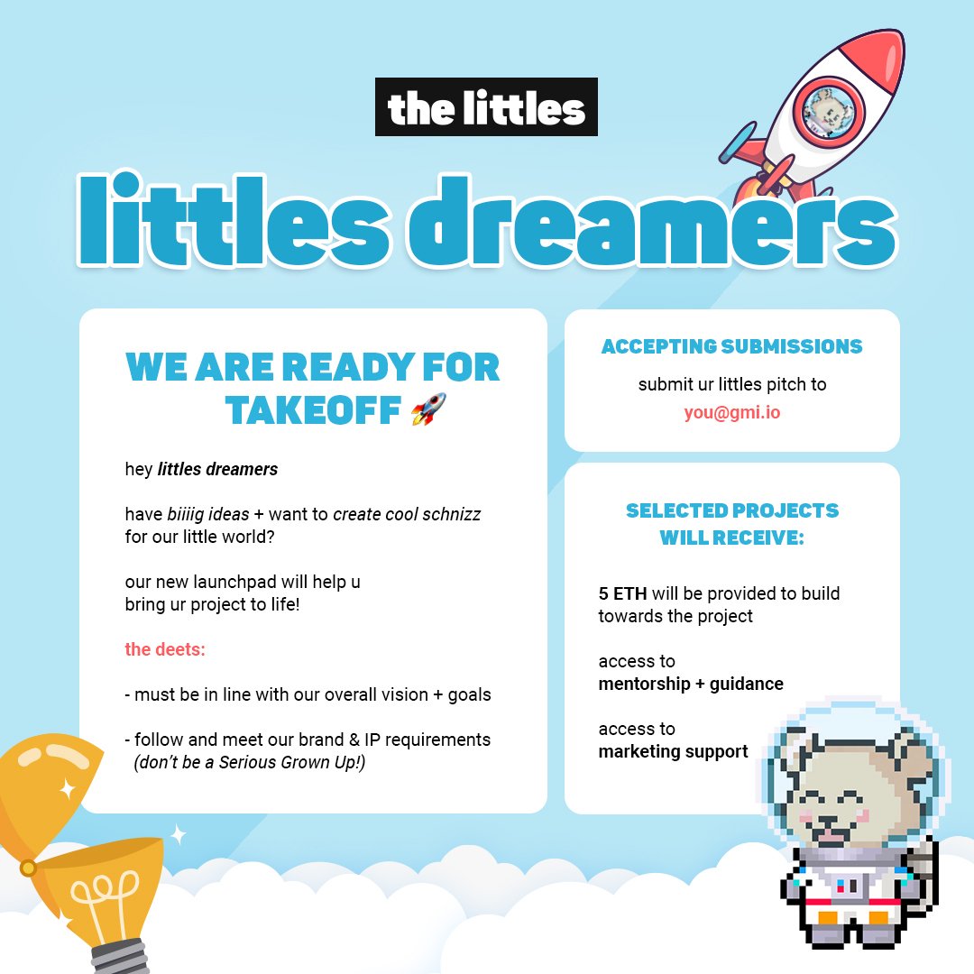 thelittlesnft's tweet image. wen biiiig ideas meet the littles = cool schnizz happen

we want to help bring ur dream project to life

👉 full deets -  medium.com/@hello_63229/t…

#wethelittles #letsplay
