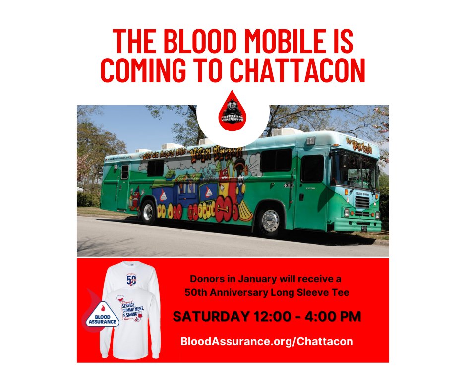 chattacon's tweet photo. If it's January, it must be...National Blood Donor Month 🩸. Yes, that's right! And you can help. Because the Bloodmobile will be at #chattacon47 from 12-4 tomorrow. Register to donate: https://t.co/uRRiPpTevZ
#bealifesaver @bloodassurance https://t.co/fiwS4BlY5B