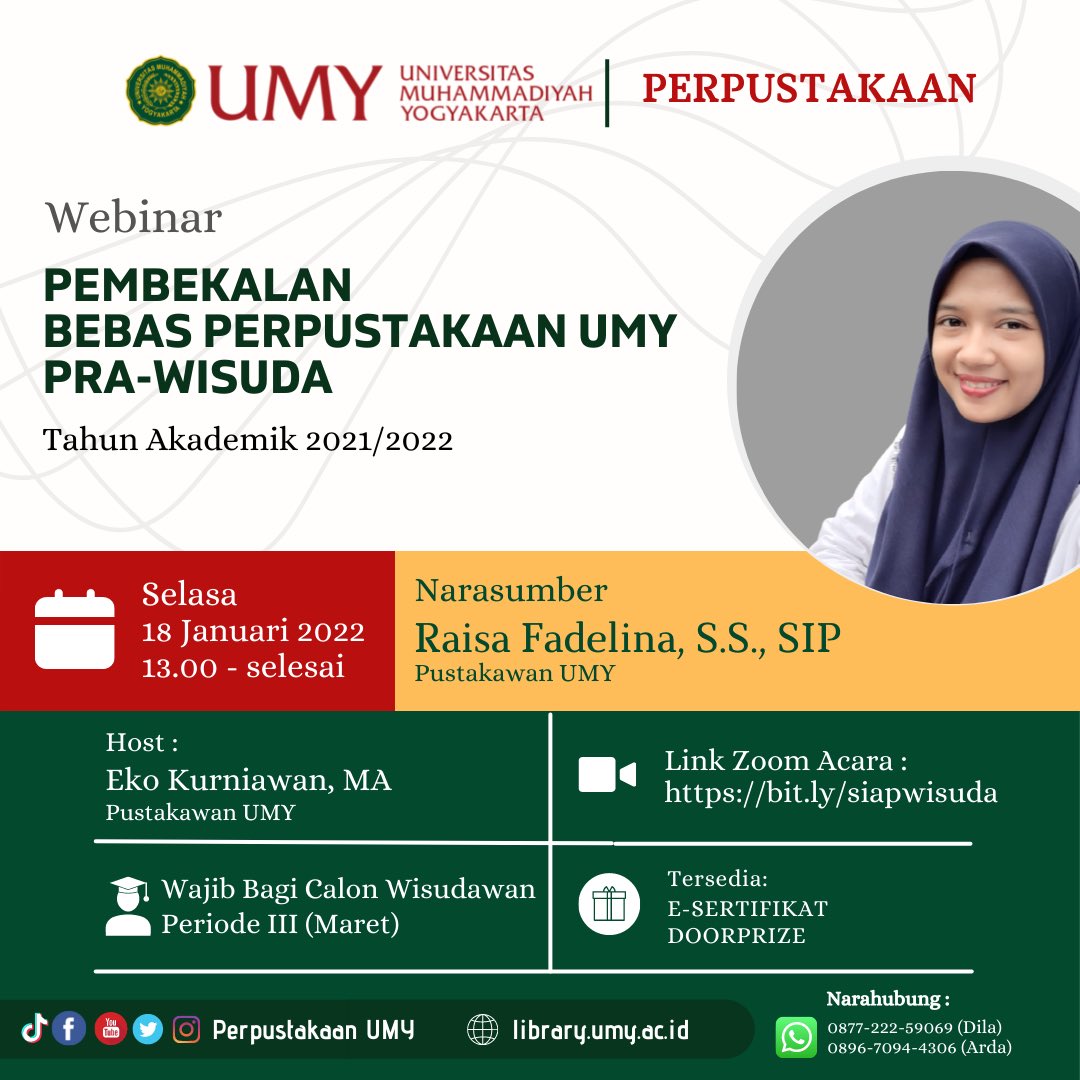 Hallo #temanperpus
Perpustakaan UMY mengadakan webinar yaitu "Pembekalan Bebas Perpustakaan Pra-Wisuda" yg akan membahas tentang bebas pustaka, upload tugas akhir mandiri, cek plagiasi, dll yang ditujukan kepada Calon Wisudawan Periode III

Info selengkapnya ada di bawah ini 😊
