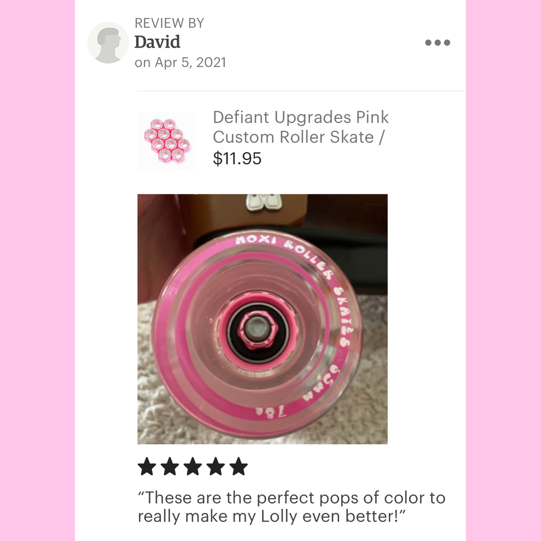 DefiantUpgrades's tweet photo. Defiant Upgrades custom axle nuts pair very well with Moxi's gummy wheels.
David just loved how the extra pop of pink made his Lolly's look even better.
#defiantupgrades #areyoudefiant #iamdefiant #skaterownedandoperated #smallbusiness #moxiskates #moxilolly #skateupgrade https://t.co/SoXJtVBiZk