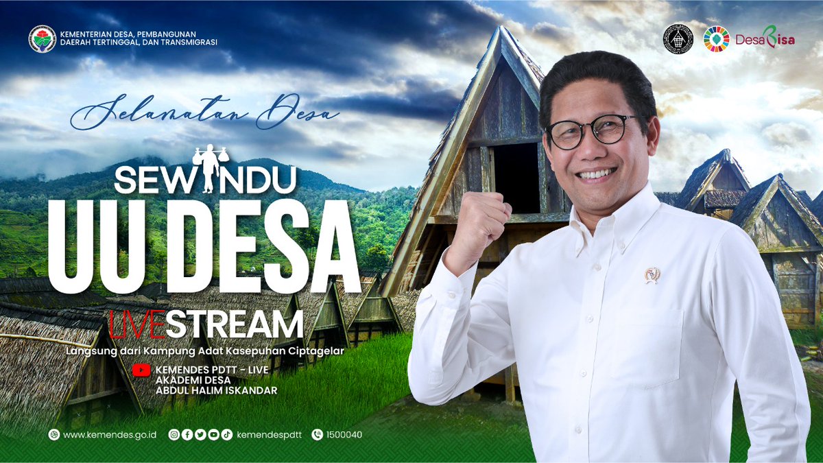 kemendespdt's tweet photo. Siaran Langsung Puncak Acara Selamatan Desa Sewindu Undang-undang Desa yang digelar di Kasepuhan Ciptagelar, Kabupaten Sukabumi pada tanggal 15 Januari 2022 pukul 10.00 WIB.

https://t.co/92mWiACnO5

Jangan sampai ketinggalan ya #SobatDesa

#SewinduUUDesa
#DesaBisa
#MulaiDariDesa https://t.co/FZttGFZ0nq
