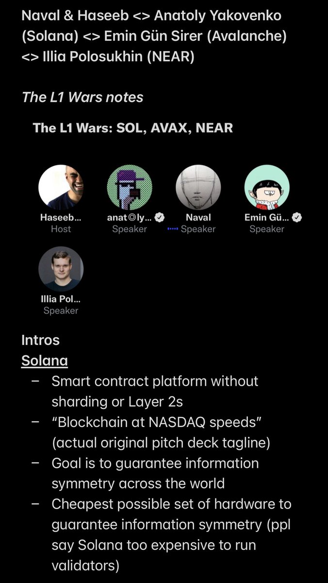 intern's tweet image. Intern notes from “The L1 Wars: $SOL, $AVAX, $NEAR ” on:

- Scaling solution 🧬
- EVM compatibility 🤝
- Decentralization 🌐

And much more!

@naval &amp;lt;&amp;gt; @hosseeb &amp;lt;&amp;gt; @aeyakovenko &amp;lt;&amp;gt; @el33th4xor &amp;lt;&amp;gt; @ilblackdragon
