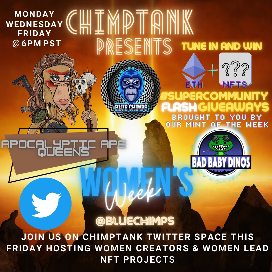 🚺 WOMEN LED PROJECT WEEK!! 🚺

🌟Featuring <a href="/kboiciuc/">KB</a> 
(AKA StemQueen.eth) with #ApocalypticApeQueens

**TUNE IN TO WIN**

💥FLASH ETH GIVEAWAYS
💥FREE NFTs

🚀Brought to you by:
@BadBabyDinosNFT 
#SuperCommunity MINT of the week

👇🏼Set your⏰💬RT❤👇🏼

x.com/i/spaces/1mrGm…