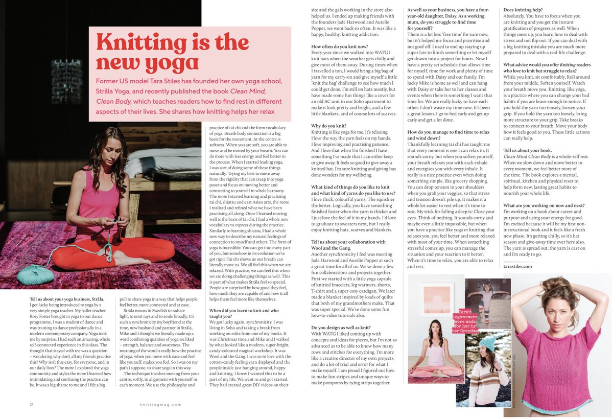 Triple7PR's tweet photo. When it comes to relaxation, @TaraStiles has you covered both on and off the yoga mat. 🧘🏻♀️ She discusses how she oftentimes uses knitting to wind down in this #T7PRsecured, two-page spread in the current issue of #KnittingMagazine! 🧶🤩 https://t.co/SuKtccl5KQ