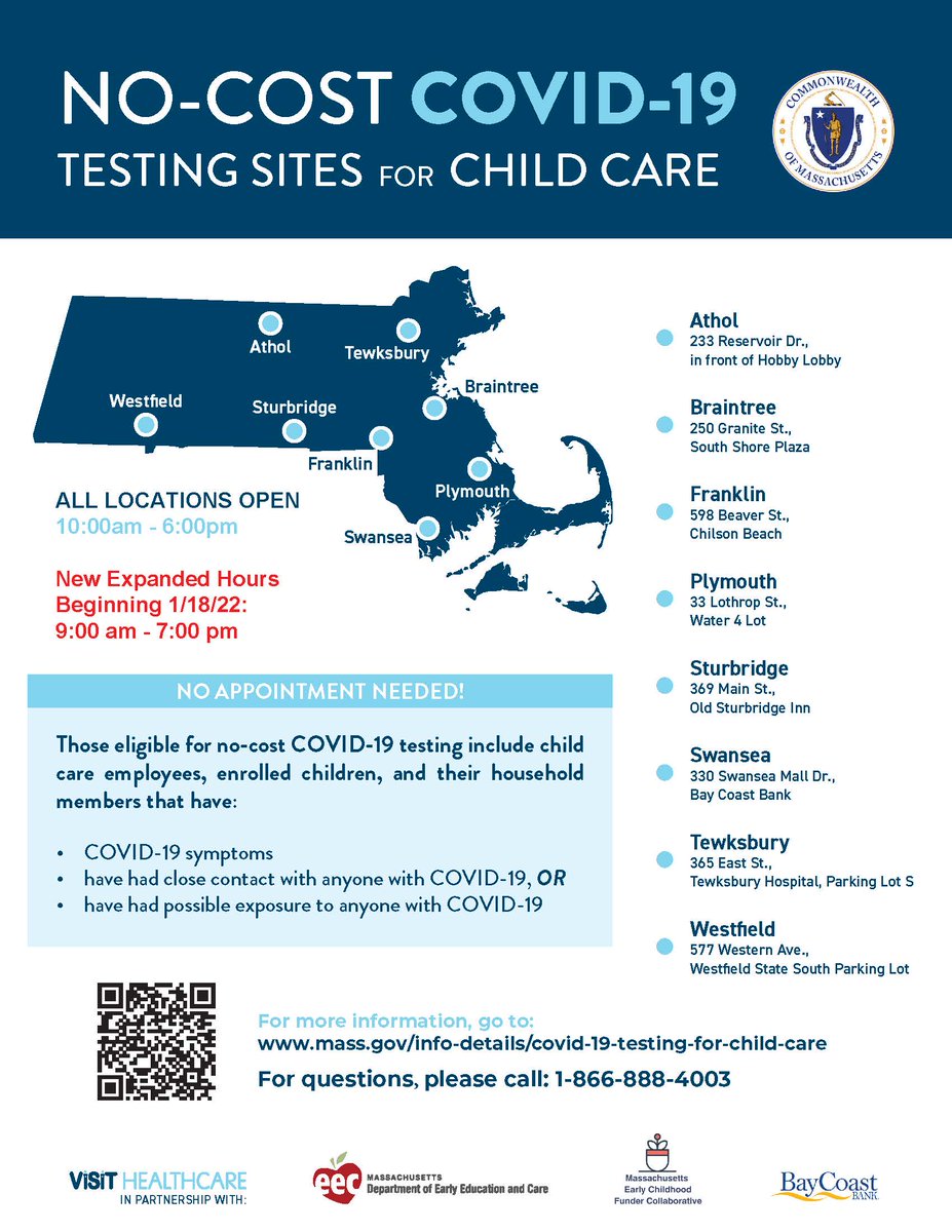 MassEarlyEdCare's tweet photo. As a reminder, all EEC COVID-19 Test Sites will be closed Monday, 1/17 due to the Martin Luther King Jr. Day holiday.  On 1/18/22 EEC is expanding hours at our mobile no-cost test sites for early educators and staff, enrolled children, and families. https://t.co/9U14Jaaif6 https://t.co/w4stIq3zuJ