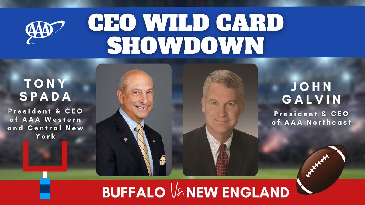 AAA_WCNY's tweet photo. 🏈 Our CEO, @AAA_WCNYCEO &amp; @aaanortheast's CEO are holding a friendly competition on the @BuffaloBills @Patriots game. Losing team's CEO has to wear winning team's jersey for a day &amp; local charity will benefit. Stay tuned - We can't wait to see who wins! #BillsMafia #BillsPats https://t.co/KSUFH8hvLB